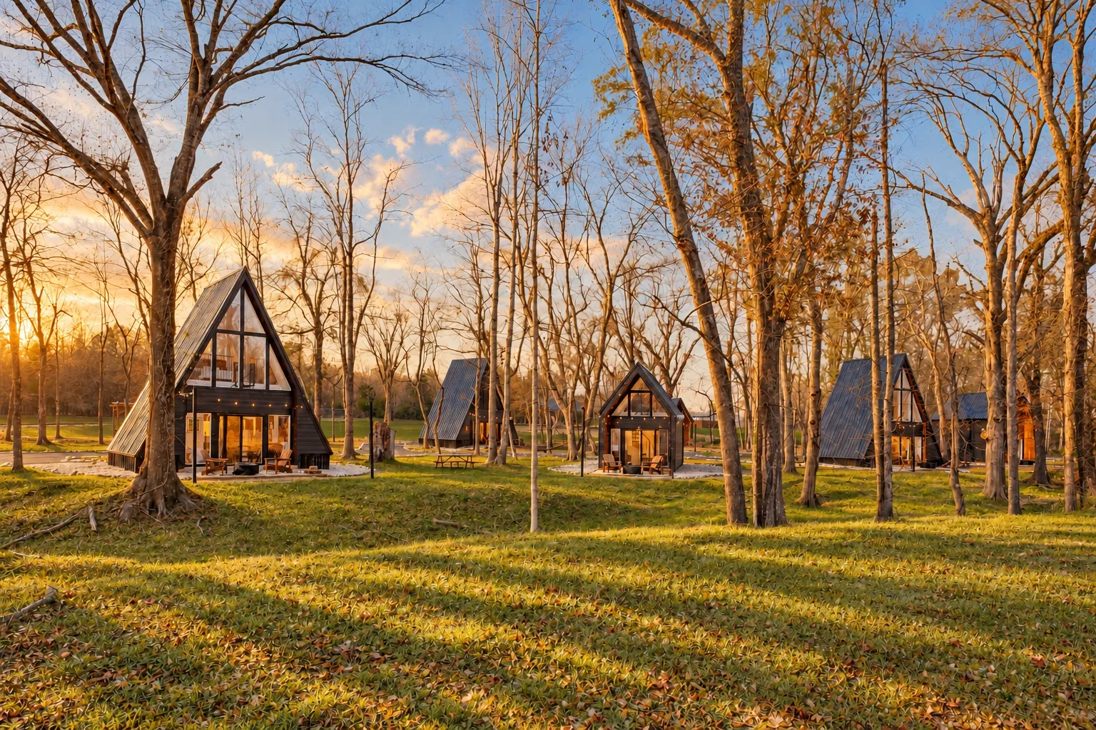 A-frame cabin among the trees at Lake Noire
